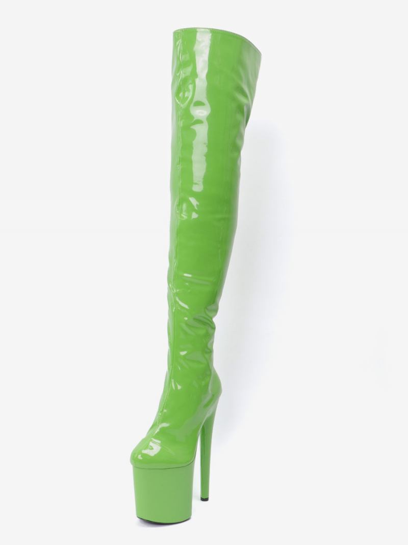 Mulheres Sexy Botas Salto Alto Dedo Do Pé Redondo Zíper Stiletto Pólo Dança Grama Verde Coxa Altas Sobre O Joelho