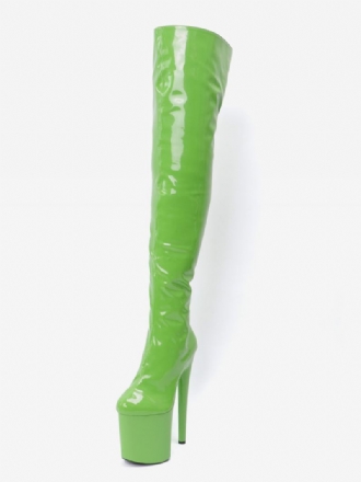 Mulheres Sexy Botas Salto Alto Dedo Do Pé Redondo Zíper Stiletto Pólo Dança Grama Verde Coxa Altas Sobre O Joelho