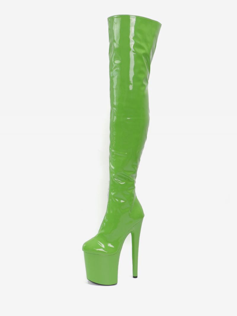 Mulheres Sexy Botas Salto Alto Dedo Do Pé Redondo Zíper Stiletto Pólo Dança Grama Verde Coxa Altas Sobre O Joelho - Grama Verde