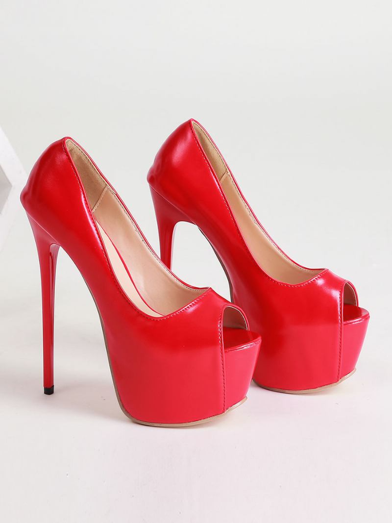 Mulheres Sexy Salto Alto Agulha Peep Toe Couro Pu Bombas Vermelhas - Vermelho