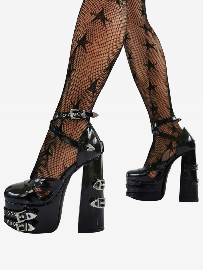 Mulheres Sexy Salto Alto Patente Pu Metail Detalhe Bombas Punk - Preto