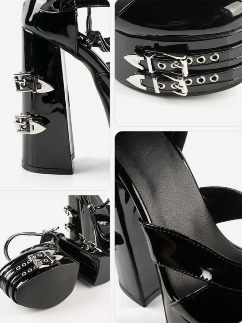 Mulheres Sexy Salto Alto Patente Pu Metail Detalhe Bombas Punk - Preto