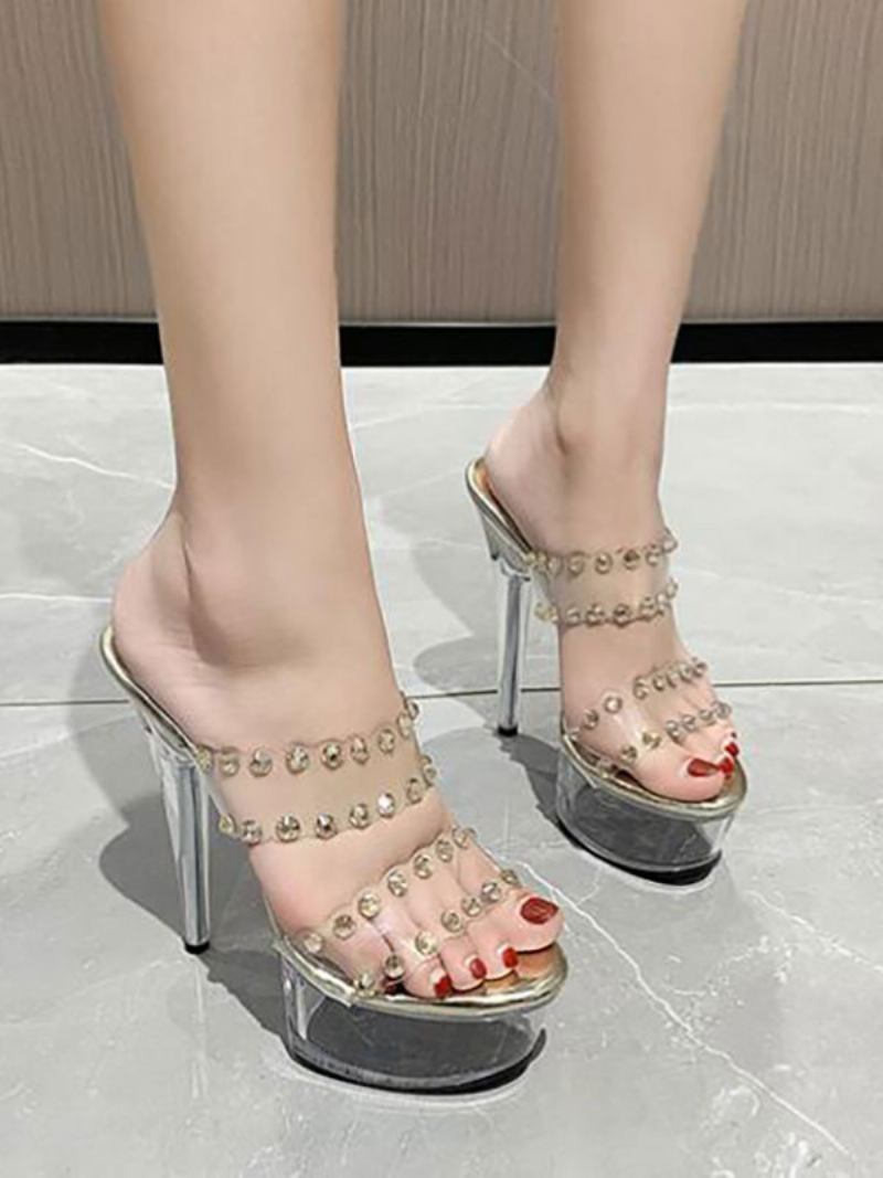 Mulheres Sexy Sandálias Prata Pu Couro Dedo Aberto Strass 5.5 Polegadas Sapatos - Prata