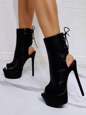 Mulheres Sexy Sandálias Preto Pu Couro Dedo Aberto Salto Stiletto Botas Alto