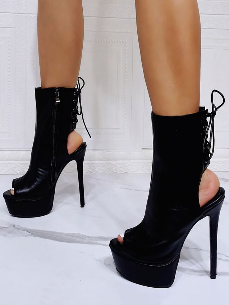 Mulheres Sexy Sandálias Preto Pu Couro Dedo Aberto Salto Stiletto Botas Alto - Preto