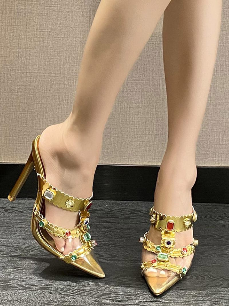 Plataformas Noite Pretas Femininas Pvc Superior Pontiagudo Strass Sapatos Festa Salto Alto - Ouro