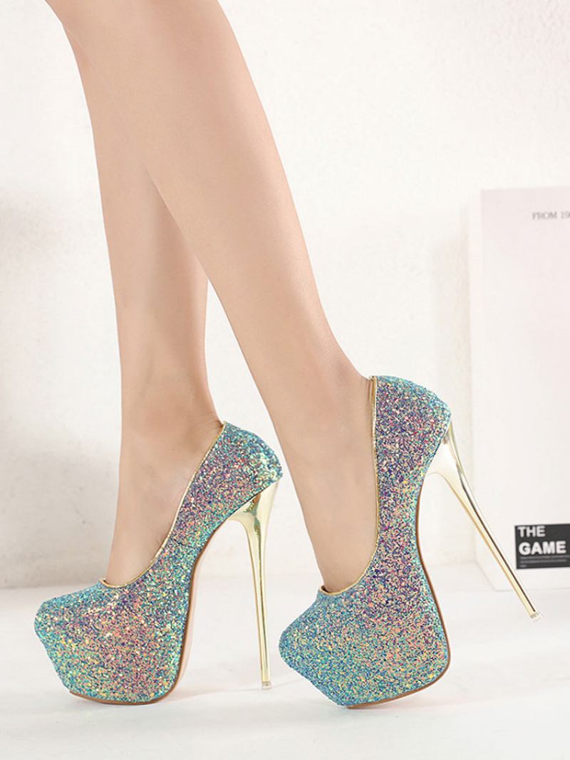 Salto Plataforma Feminino Com Glitter - Teal