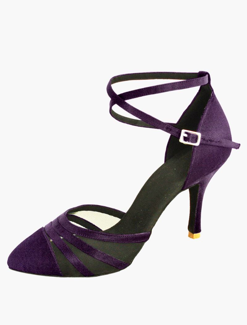 Sandálias Femininas Com Tiras No Tornozelo Para Dança Latina Sapatos Baile Cetim - Roxo