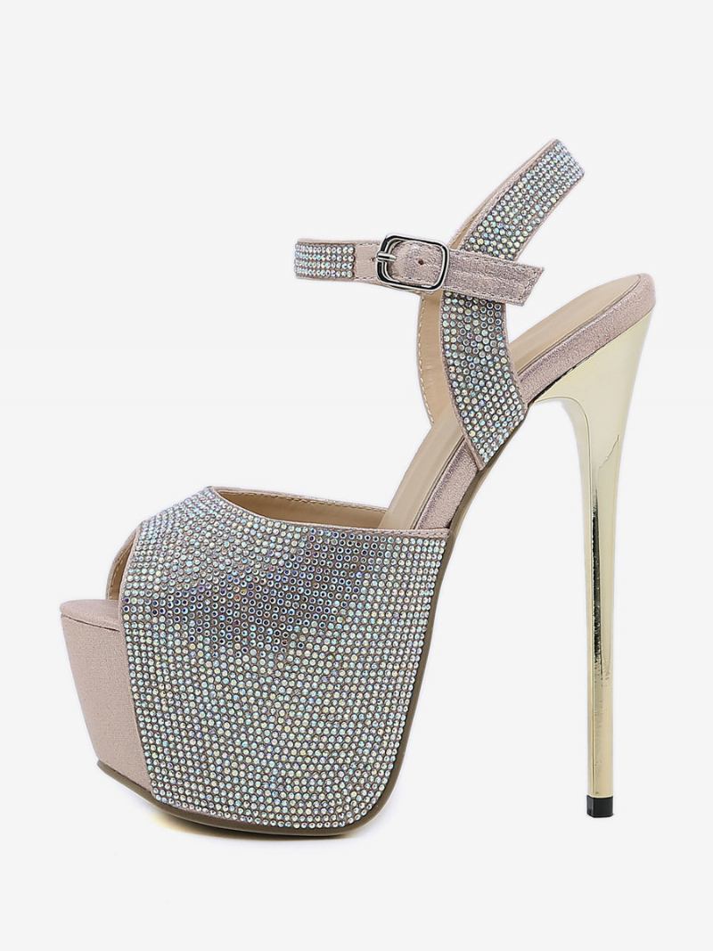 Sandálias Femininas Salto Alto Sexy Plataforma Glitter Peep Toe Strass Céu 6.3 Polegadas Sapatos - Rosa Claro