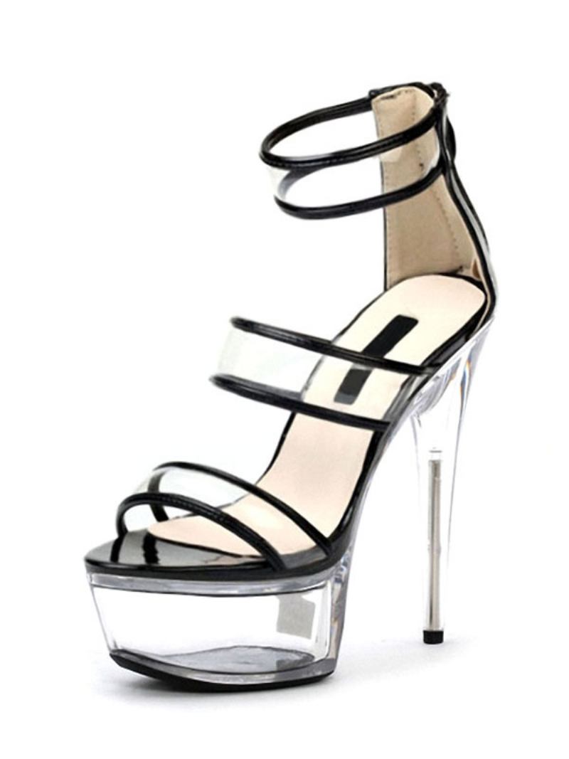 Sandálias Femininas Sexy Para Mulheres Couro Pu Preto Peep Toe Salto Stiletto Com Tira No Tornozelo - Transparente