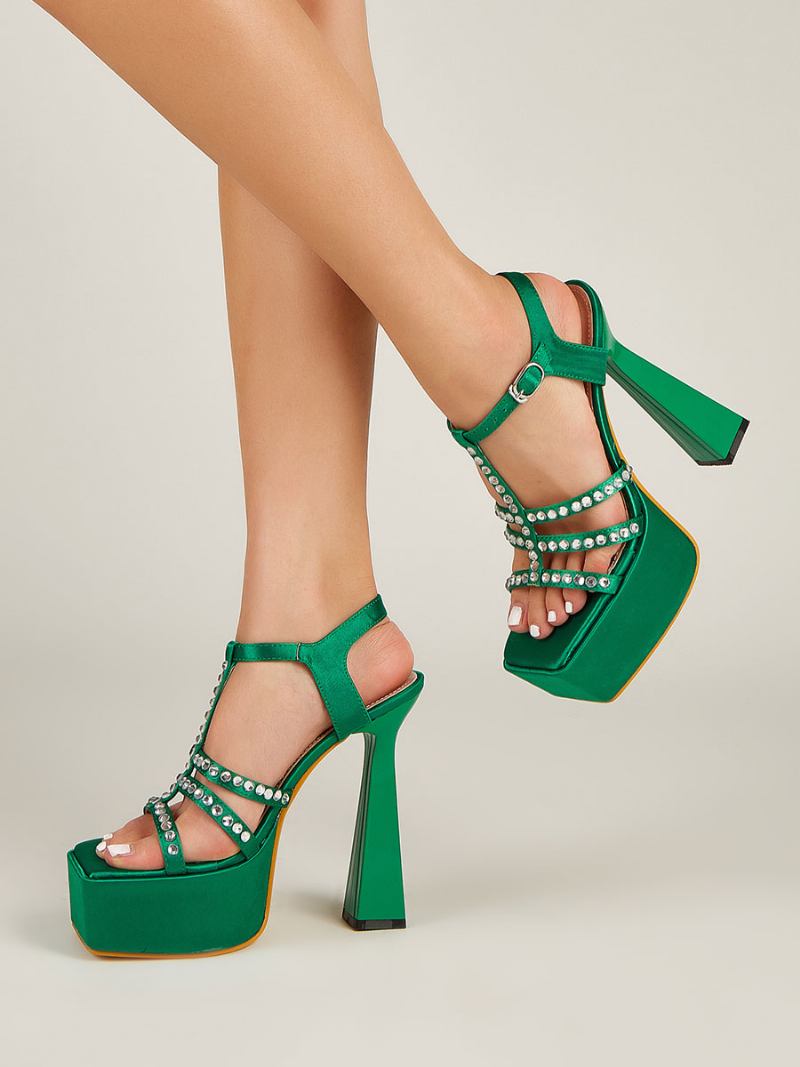 Sandálias Femininas Sexy Salto Alto Plataforma Preta Couro Pu Dedo Quadrado Strass - Verde