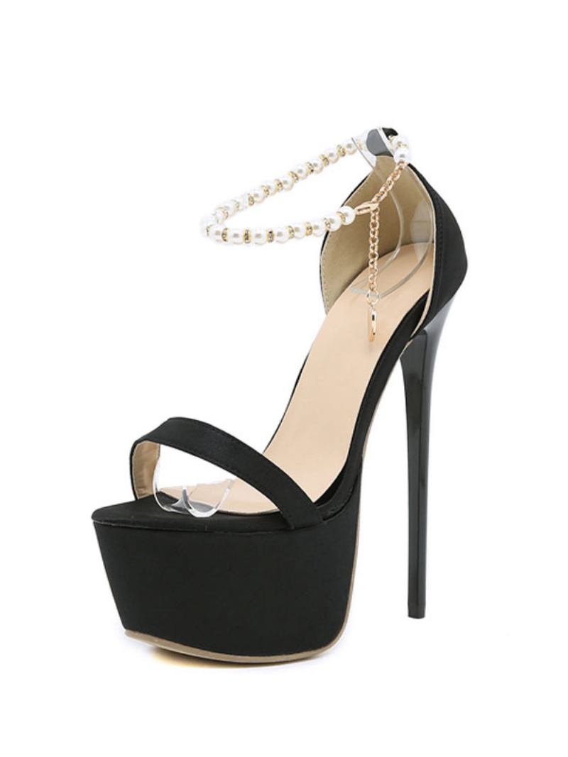 Sandálias Sexy Para Mulheres Preto Micro Camurça Superior Peep Toe Plataforma Pérolas Tira No Tornozelo Sapatos - Preto