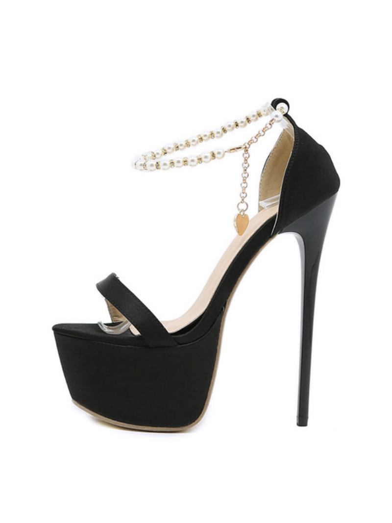 Sandálias Sexy Para Mulheres Preto Micro Camurça Superior Peep Toe Plataforma Pérolas Tira No Tornozelo Sapatos - Preto