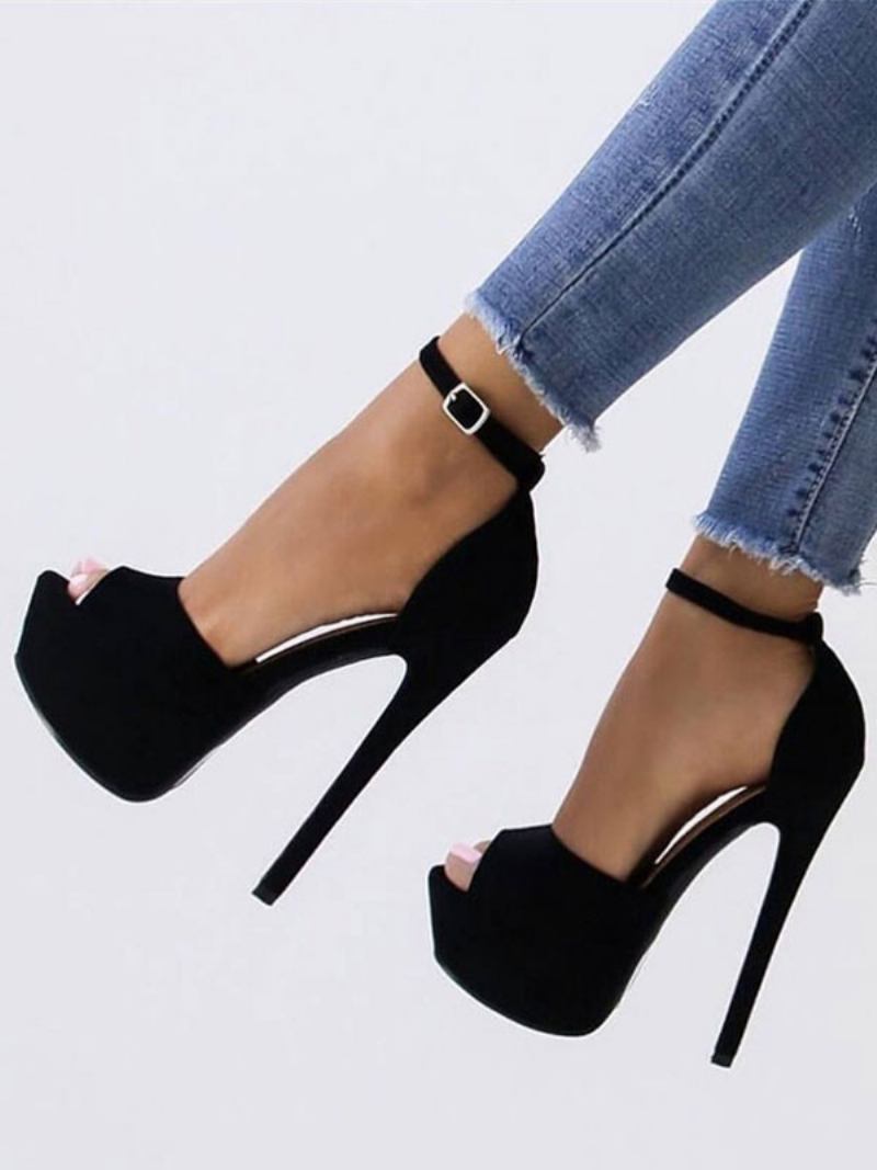 Sandálias Sexy Pretas Camurça Peep Toe Plataforma Tira No Tornozelo Salto Alto Para Mulheres