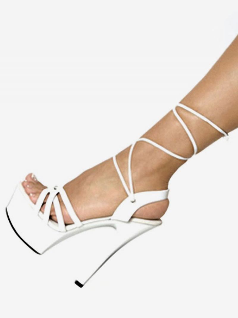 Sandálias Sexy Pretas Femininas Plataforma Aberta Dedo Do Pé Com Cadarço Sapatos Salto Alto - Branco