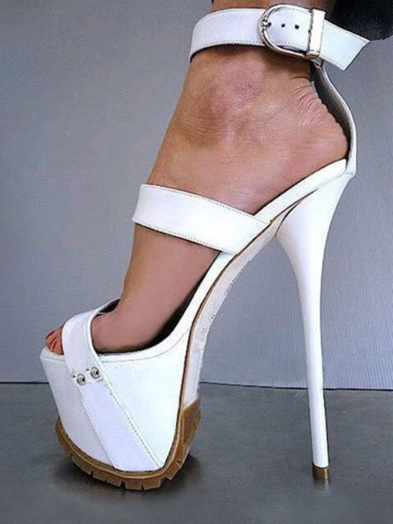 Sandálias Sexy Pretas Salto Alto Stiletto Aberto Dedo Do Pé Com Tira No Tornozelo Sapatos Femininos - Branco