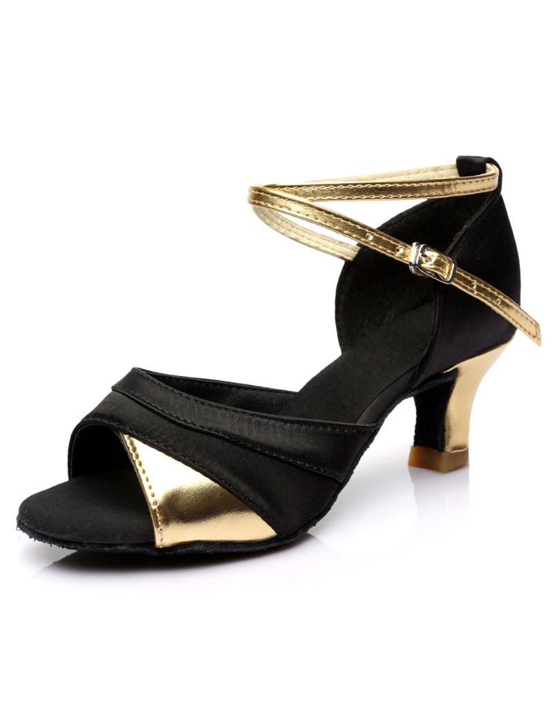 Sapatos Baile Cetim Preto Dourado Para Mulheres - Ouro