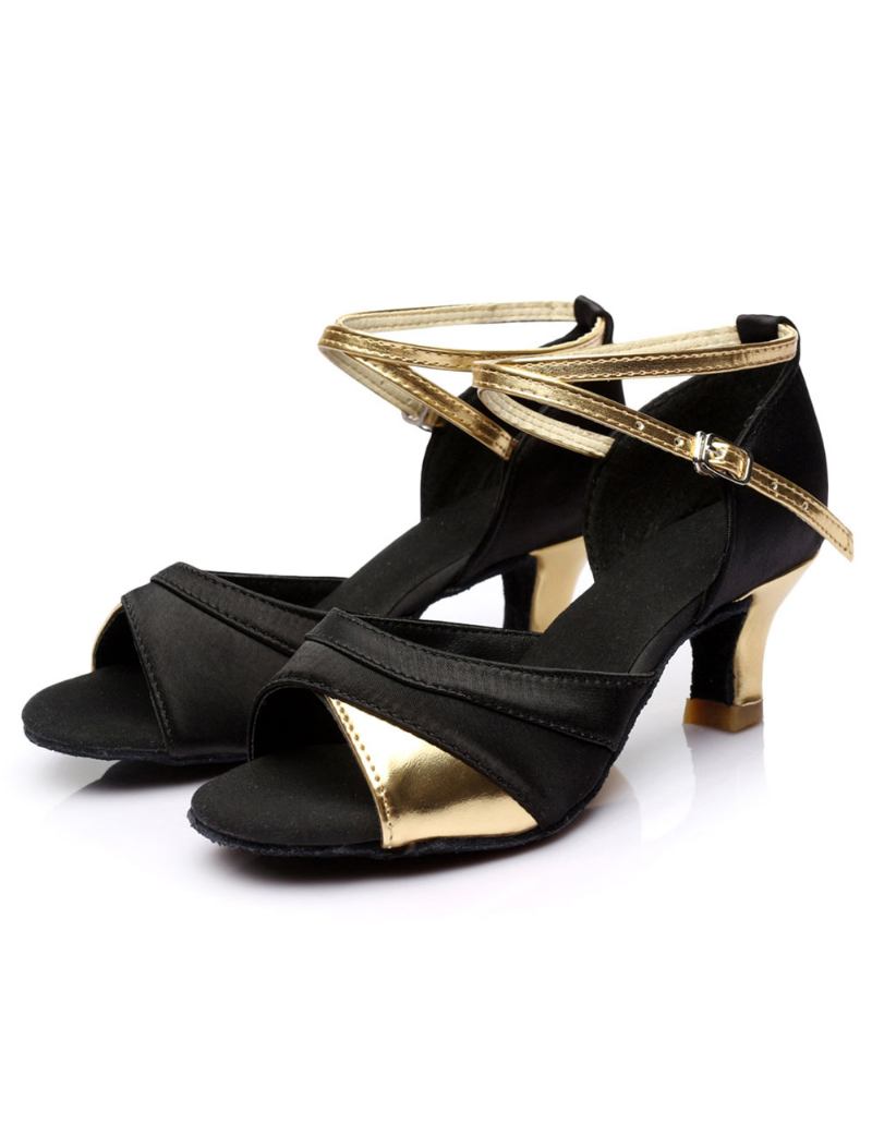 Sapatos Baile Cetim Preto Dourado Para Mulheres - Ouro