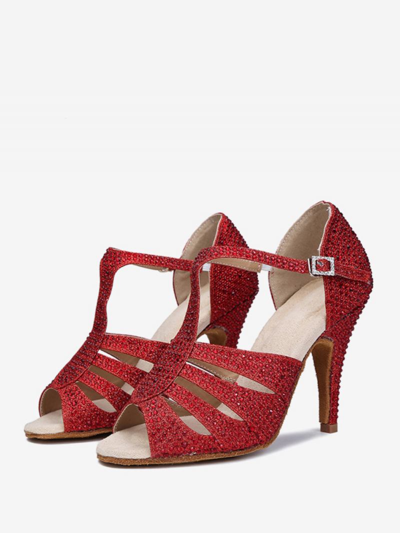 Sapatos Dança Latina Femininos Couro Pu Vermelho Redondo Strass - Vermelho