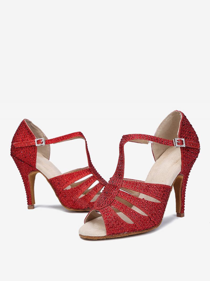 Sapatos Dança Latina Femininos Couro Pu Vermelho Redondo Strass - Vermelho