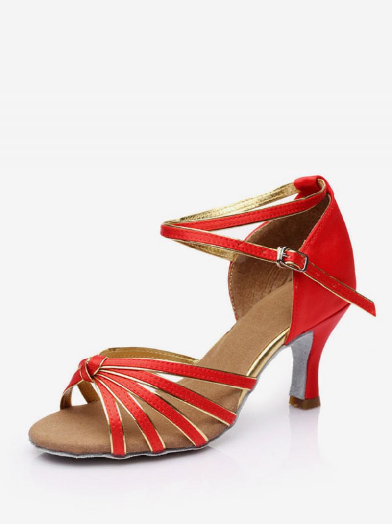 Sapatos Dança Latina Femininos Seda E Cetim Nude Peep Toe - Vermelho