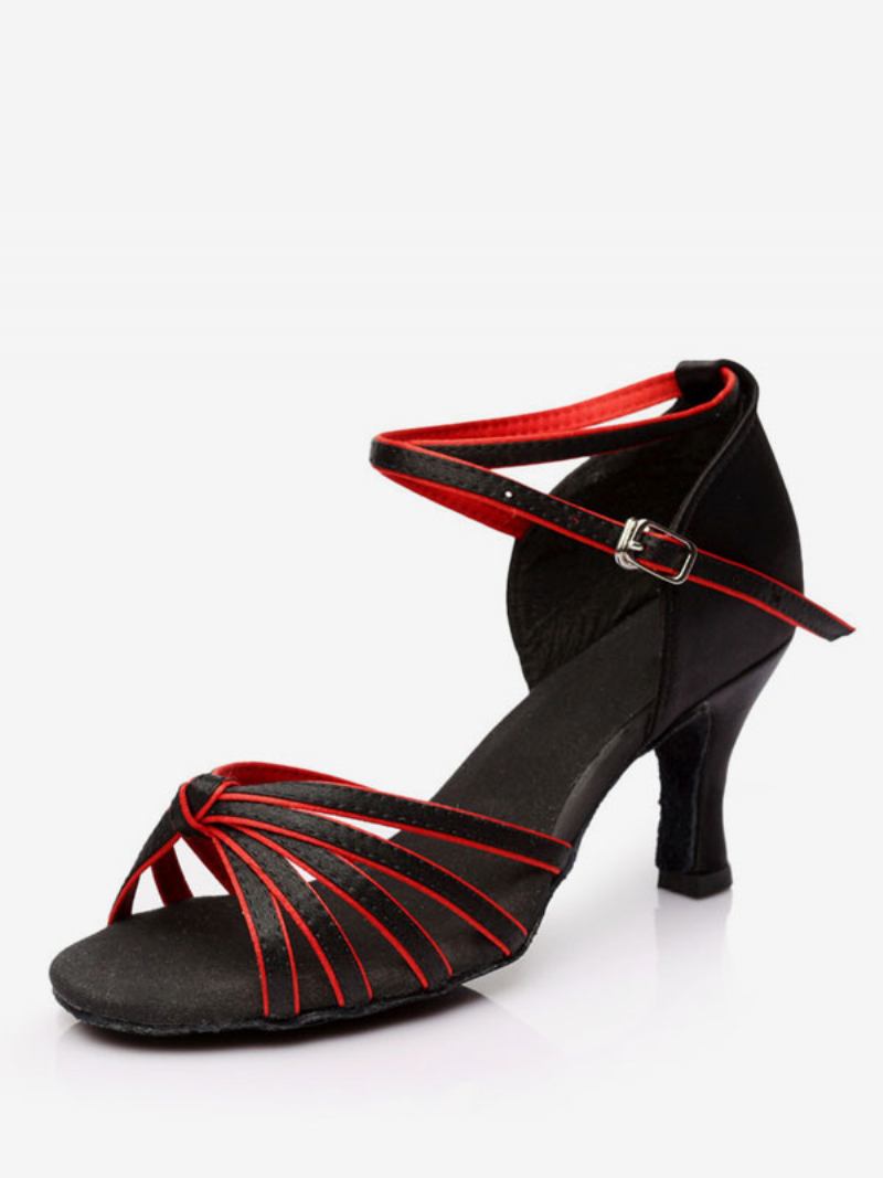 Sapatos Dança Latina Femininos Seda E Cetim Nude Peep Toe - Preto Vermelho