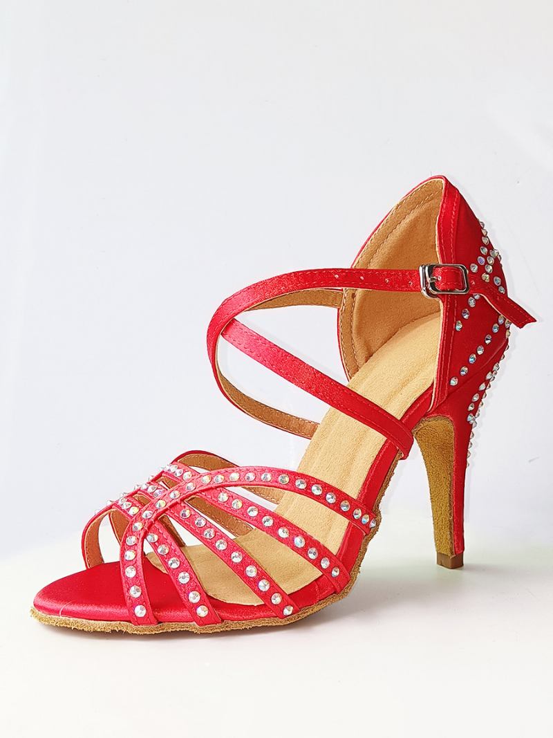 Sapatos Dança Latina Femininos Seda E Cetim Vermelho Dedo Do Pé Redondo Strass - Vermelho