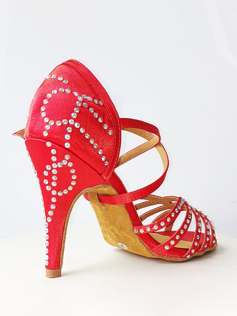 Sapatos Dança Latina Femininos Seda E Cetim Vermelho Dedo Do Pé Redondo Strass - Vermelho