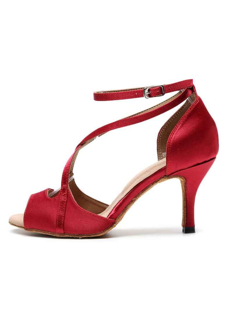 Sapatos Dança Latina Femininos Vermelhos Peep Toe Cruzados Salão - Vermelho