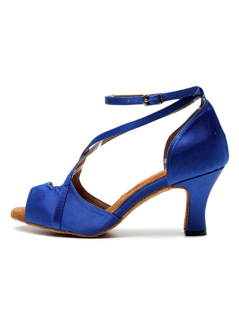 Sapatos Dança Latina Femininos Vermelhos Peep Toe Cruzados Salão - Azul