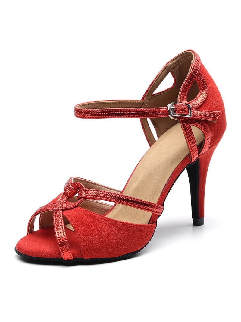 Sapatos Dança Latina Personalizados Femininos Camurça Superior Vermelho Peep Toe Salão