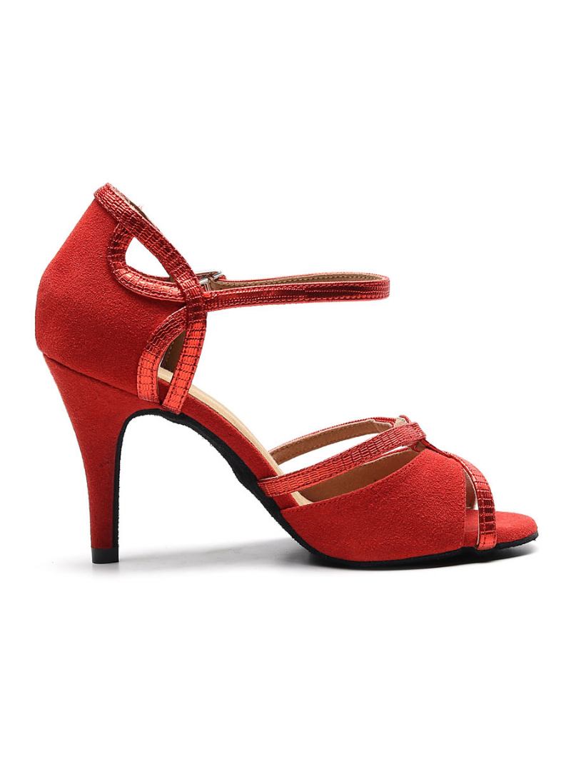 Sapatos Dança Latina Personalizados Femininos Camurça Superior Vermelho Peep Toe Salão - Vermelho