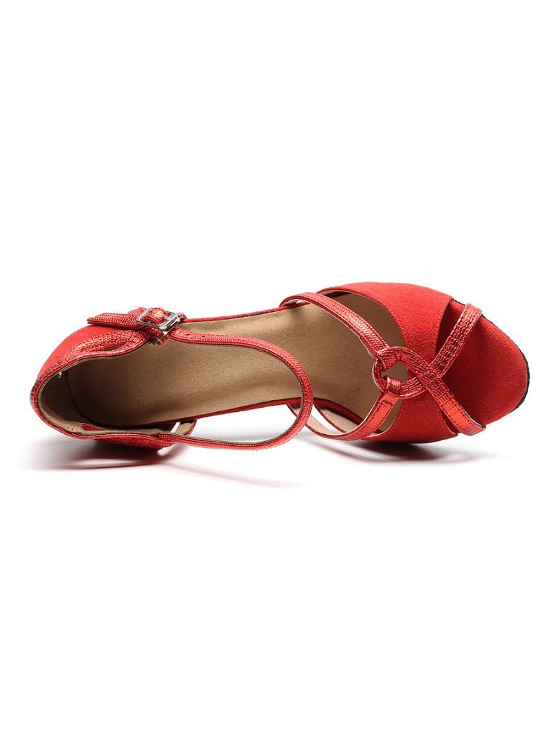 Sapatos Dança Latina Personalizados Femininos Camurça Superior Vermelho Peep Toe Salão - Vermelho