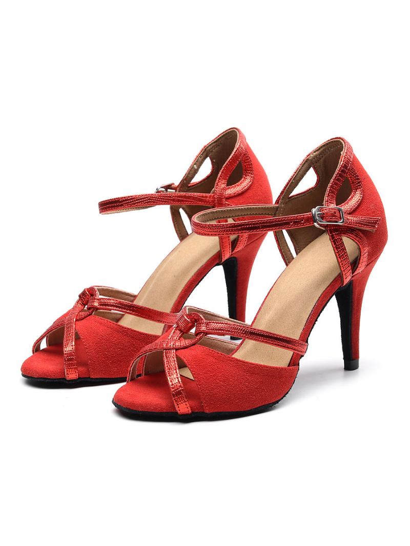 Sapatos Dança Latina Personalizados Femininos Camurça Superior Vermelho Peep Toe Salão - Vermelho