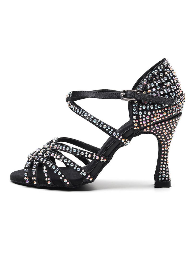 Sapatos Dança Latina Personalizados Femininos Cetim Preto Peep Toe Luxo Strass Salão - Preto