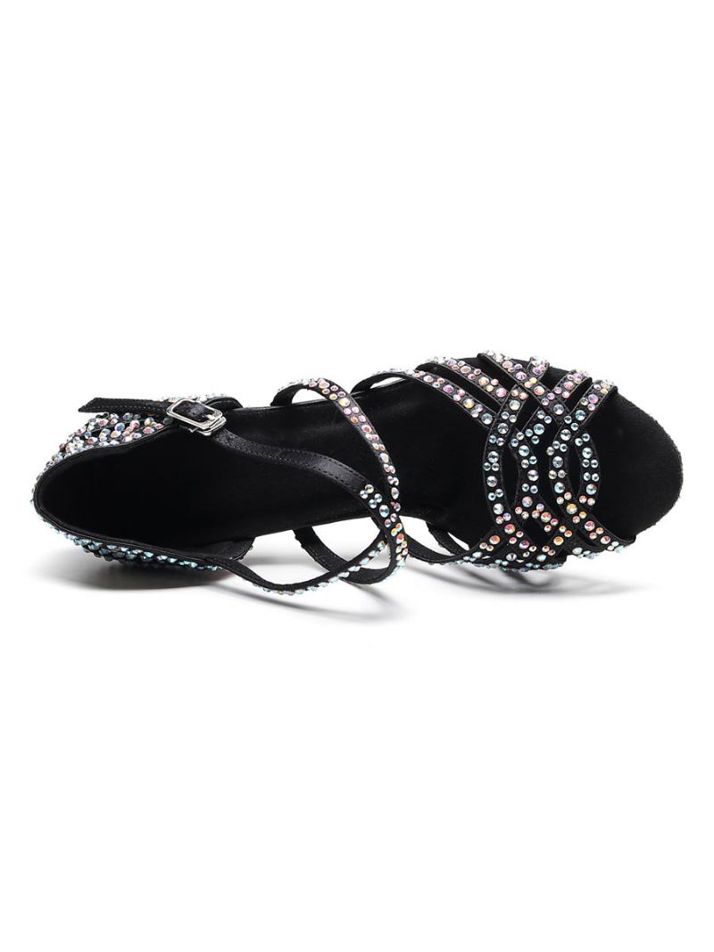 Sapatos Dança Latina Personalizados Femininos Cetim Preto Peep Toe Luxo Strass Salão - Preto