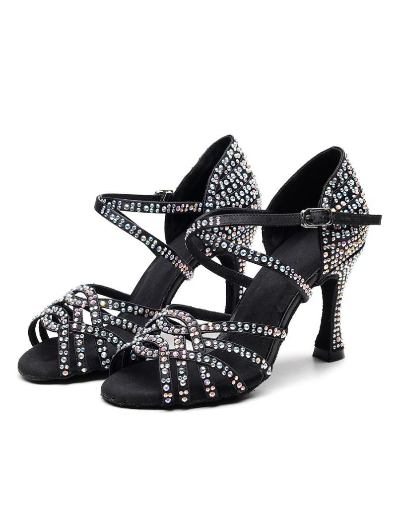 Sapatos Dança Latina Personalizados Femininos Cetim Preto Peep Toe Luxo Strass Salão - Preto