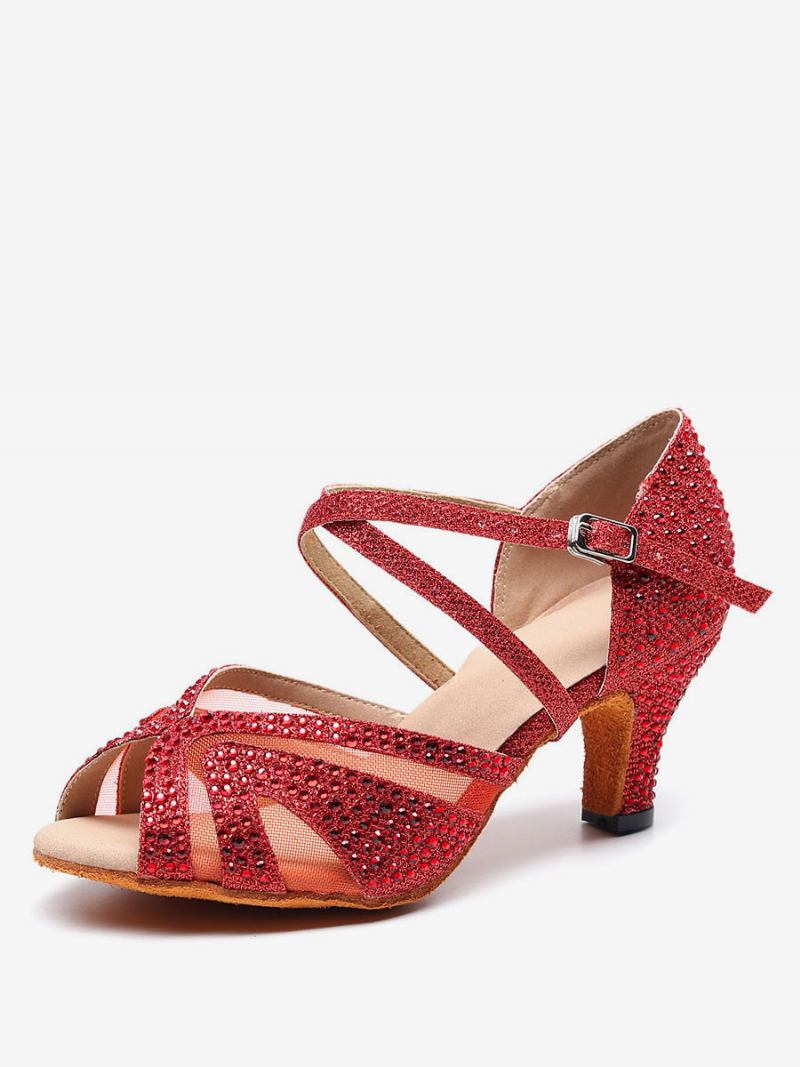 Sapatos Dança Latina Personalizados Femininos Prata Peep Toe Strass Salão - Vermelho