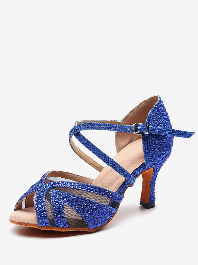 Sapatos Dança Latina Personalizados Femininos Prata Peep Toe Strass Salão - Azul