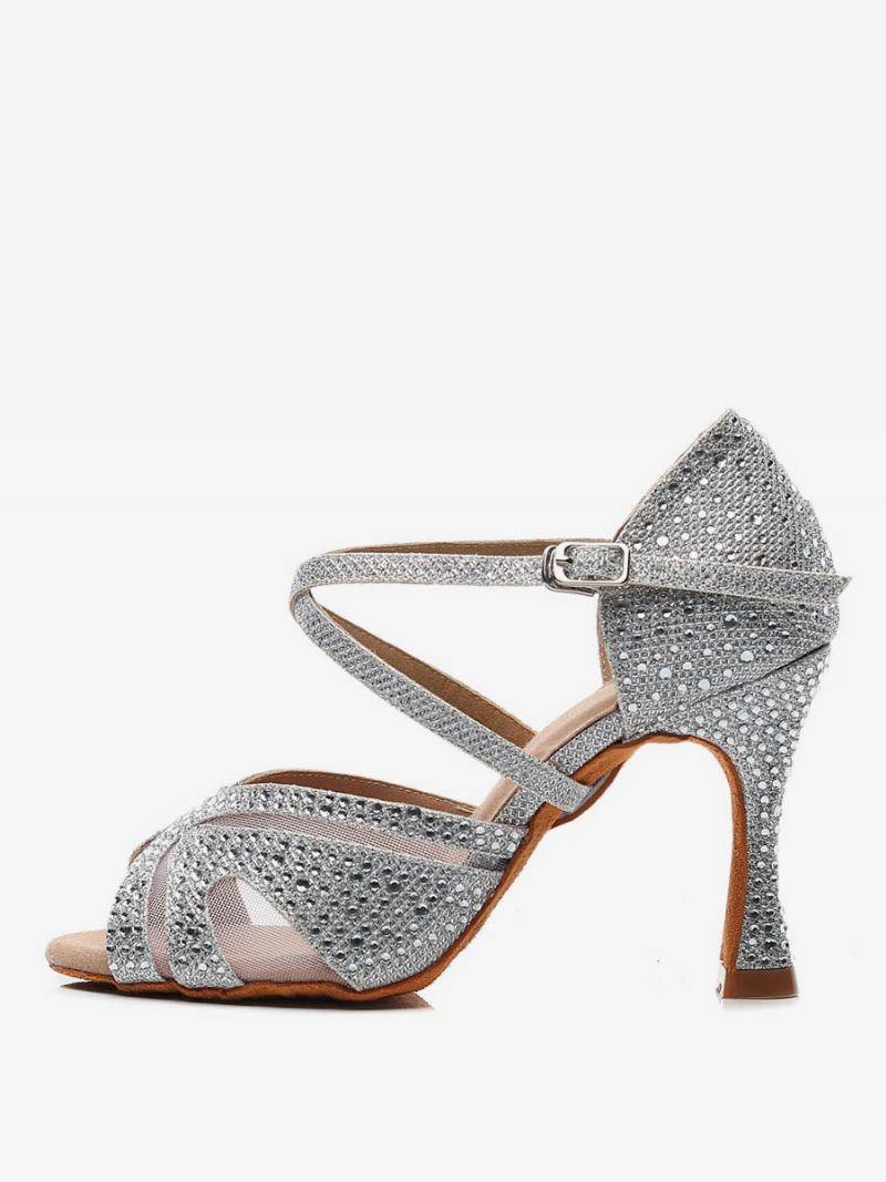 Sapatos Dança Latina Personalizados Femininos Prata Peep Toe Strass Salão - Prata