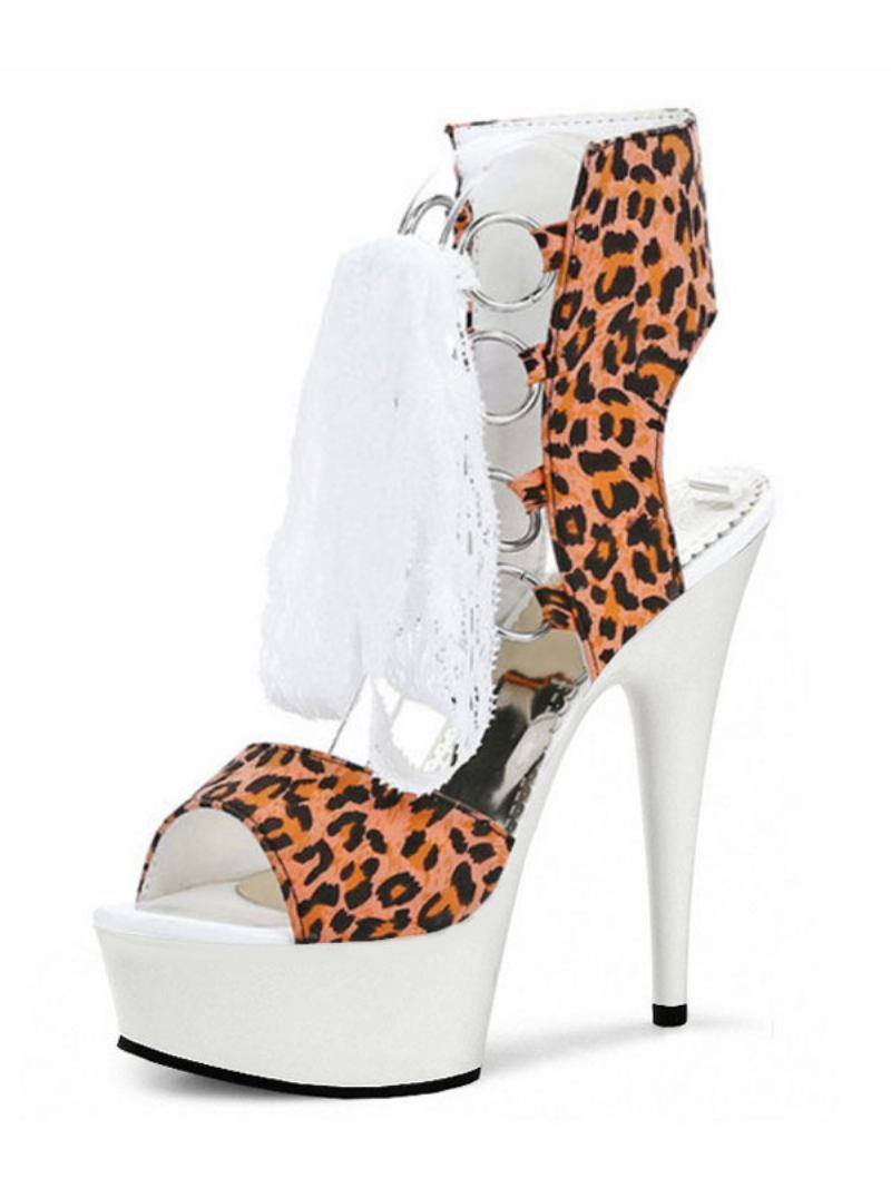 Sapatos Dança Pólo Feminino Botas Sexy Amarelo Leopardo Impressão Couro Do Plutônio Peep Toe Salto Stiletto Rendas Até Sandálias Alto - Laranja