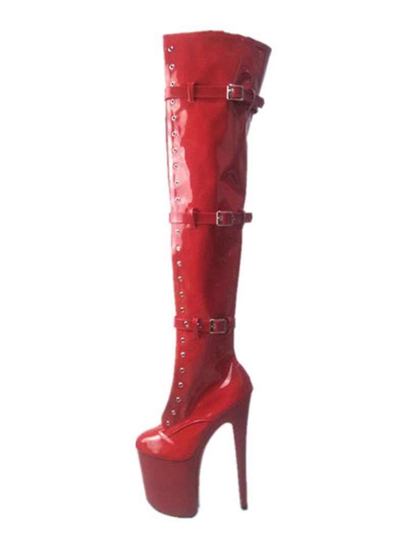 Sapatos Dança Pólo Feminino Botas Sexy Dedo Do Pé Redondo Zíper Salto Stiletto Rave Clube Preto Coxa Altas Stripper - Vermelho