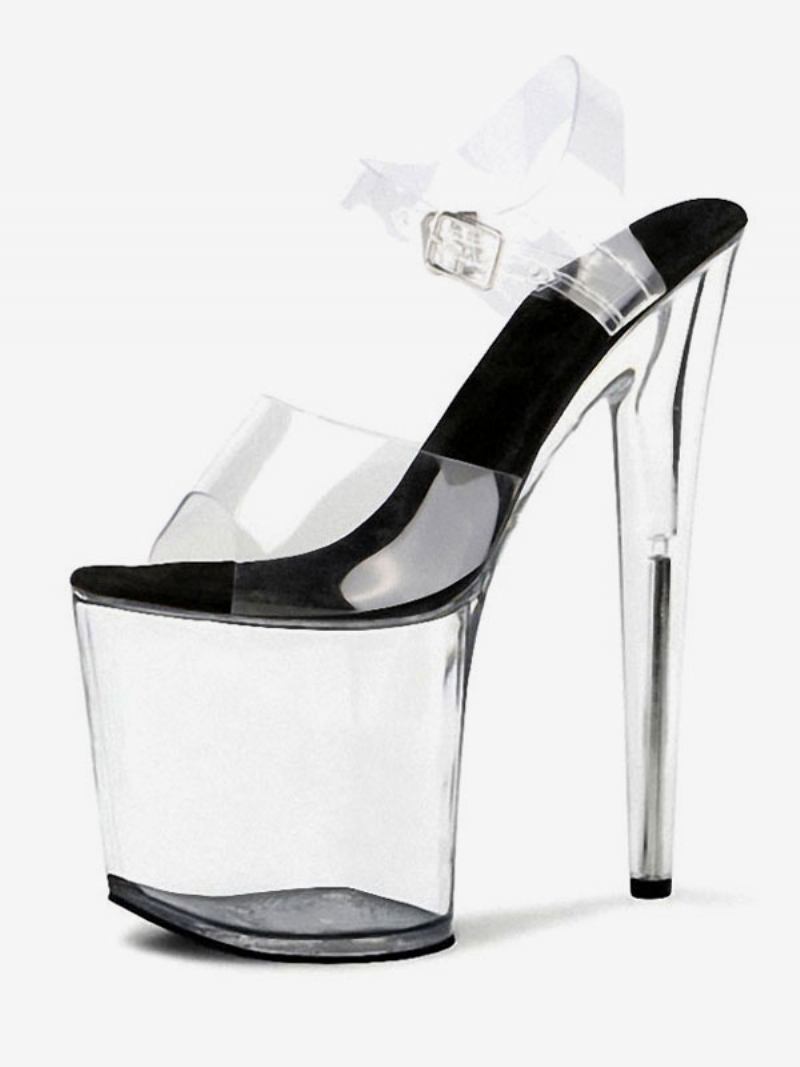 Sapatos Dança Pólo Feminino Sandálias Sexy Branco Pvc Superior Dedo Do Pé Aberto Salto Stiletto Céu Alto Tornozelo Cinta Saltos Stripper - Preto