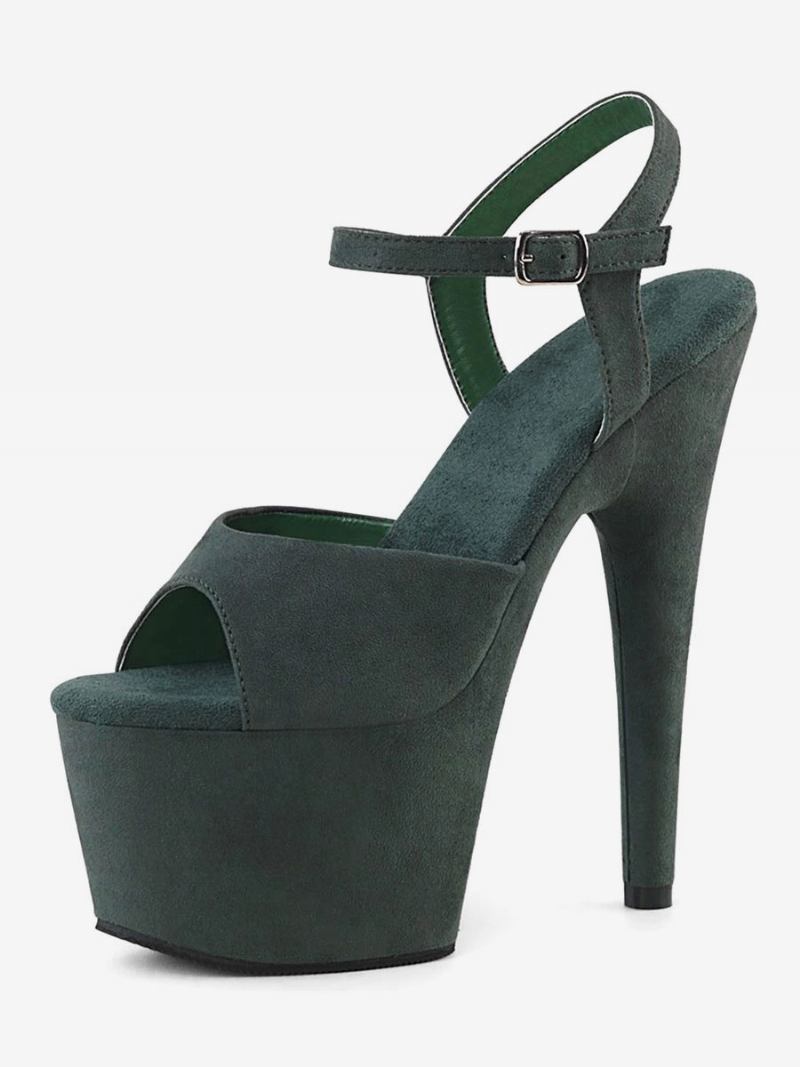 Sapatos Dança Pólo Feminino Sandálias Sexy Couro Preto Peep Toe Monge Cinta Stripper - Verde Escuro