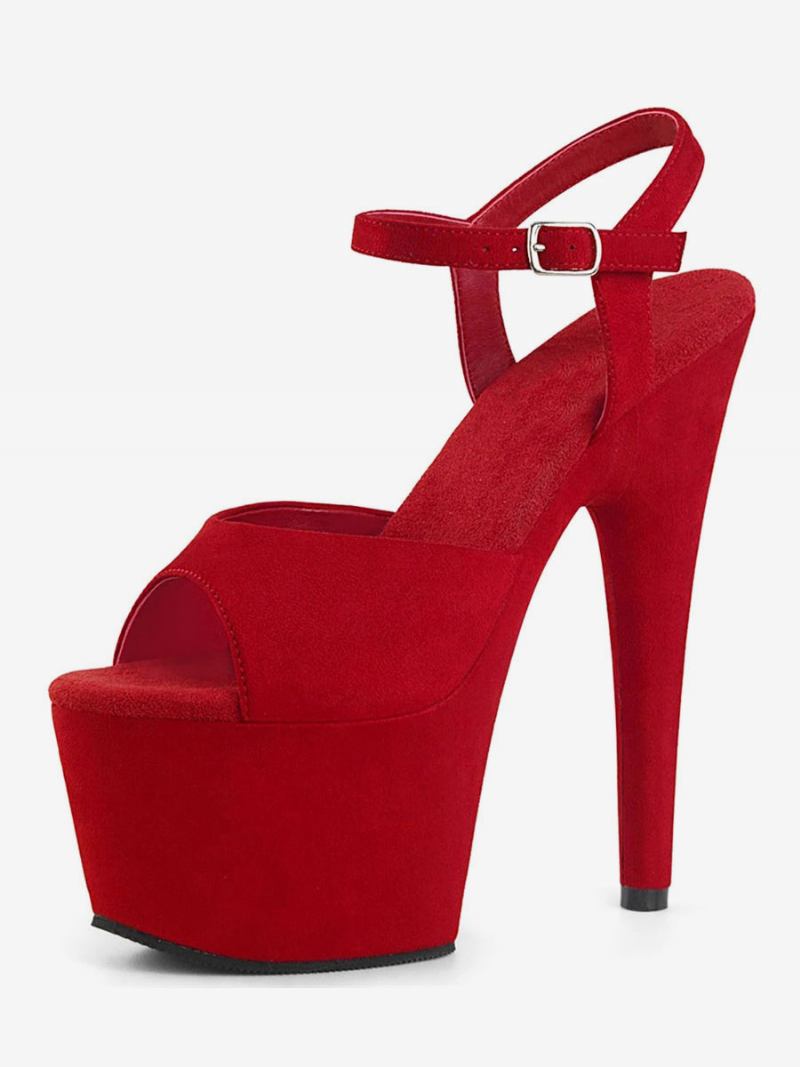 Sapatos Dança Pólo Feminino Sandálias Sexy Couro Preto Peep Toe Monge Cinta Stripper - Vermelho