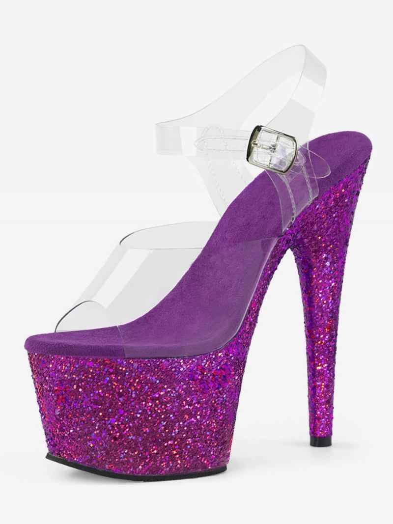 Sapatos Dança Pólo Feminino Sandálias Sexy Luz Ouro Couro Peep Toe 2.8 Plataforma Stripper - Roxo