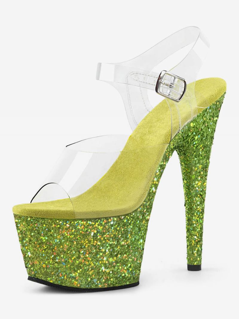 Sapatos Dança Pólo Feminino Sandálias Sexy Luz Ouro Couro Peep Toe 2.8 Plataforma Stripper - Verde Grama