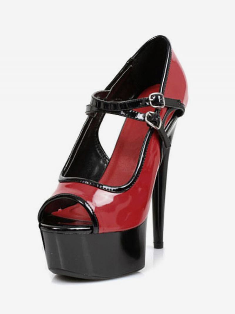 Sapatos Dança Pólo Sexy Salto Alto Plataforma Feminina Peep Toe Fivela Detalhe Bombas Stripper - Vermelho