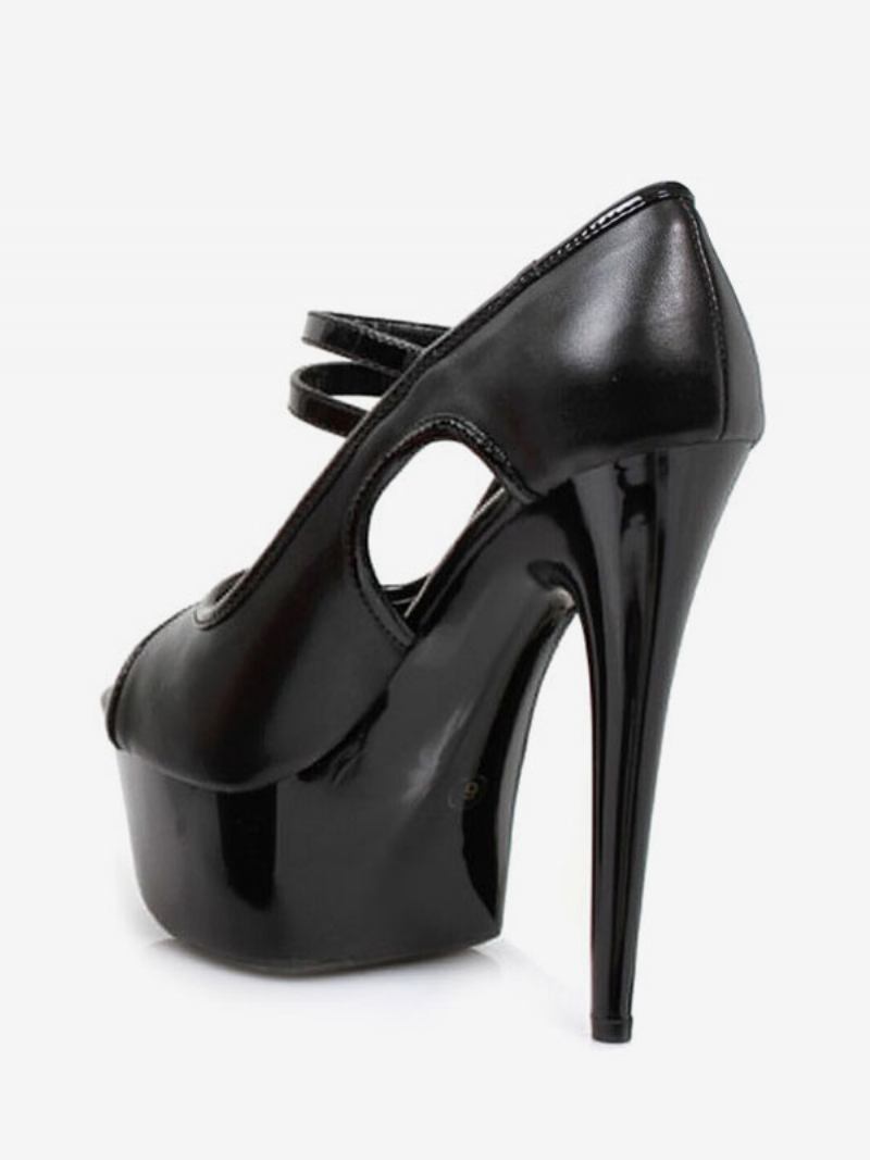 Sapatos Dança Pólo Sexy Salto Alto Plataforma Feminina Peep Toe Fivela Detalhe Bombas Stripper - Preto