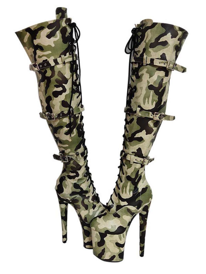 Sapatos Dança Poste Camuflagem Feminina Sexy Plataforma Salto Agulha Sobre O Joelho Botas Com Fivelas